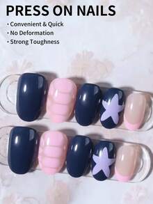 24片椭圆星形法式美甲贴纸套装，亚克力材质，完美贴合，包含1片果冻胶和1个指甲锉，适合女性和女孩日常佩戴或参加舞会等场合。 - 彩色 - 查看 2