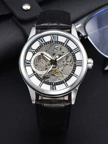 LONGLUX 1 pieza Reloj de hombre con correa impermeable, movimiento mecánico automático hueco, números romanos, regalo para ocasiones especiales - Negro - Ver 9