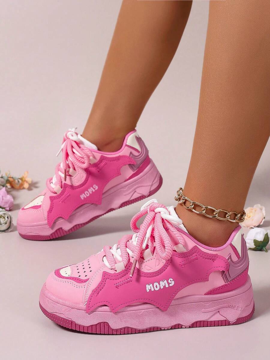 Women's Lace Up Shoes, Round Toe Thick Soled Shoes, European And American Style Sports Shoes, Fashionable Sports Shoes, Color Matching Sports Shoes, Metal Thick Soled Sports Shoes, Women's Sports Shoes, Lace Up Sports Shoes - 玫瑰紅 - 查看 1