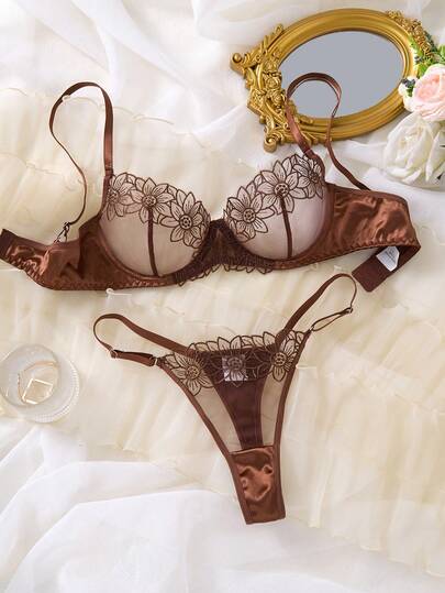2 Pieces Women's Chestnut Breathable Thin Embroidered Floral Women's Two Pieces Set, Comfortable And Soft Satin Side Support Lingerie Set, Sexy Lingerie And Pants That Can Be Worn All Year Round