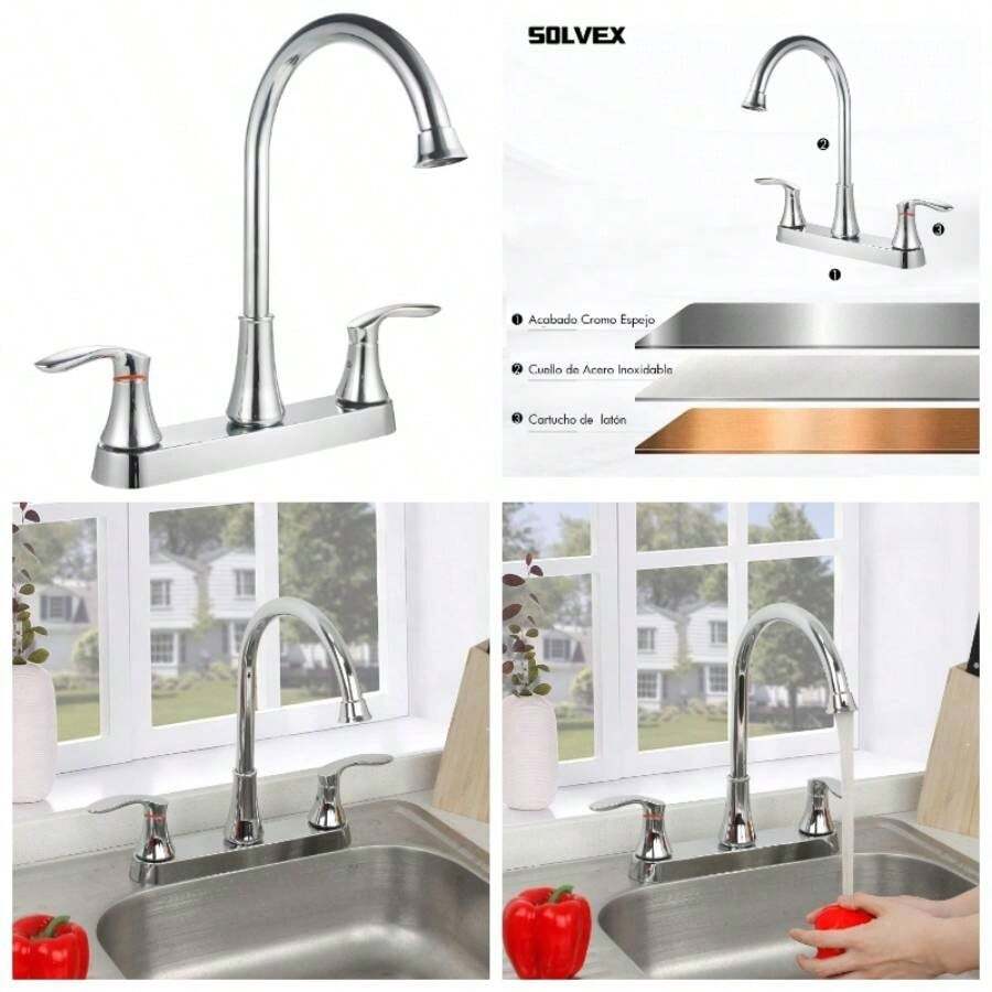 Mezcladora para Fregadero, Llaves para Fregadero de Cocina, Grifo de Cocina con Dos Asas, Grifo de Cuerpo Principal de Latn, Llave para Fregadero de Acero Inoxidable, Acabado Cromo Espejo, SP - 80008 - Cromo Espejo 1 - Ver 1