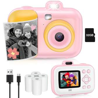 Instant Camera, Selfie Digital Camera With 4 Rolls Print Paper & 32G Card, 1080P Video & Instant Print Camera, Fun Gift For Beginner