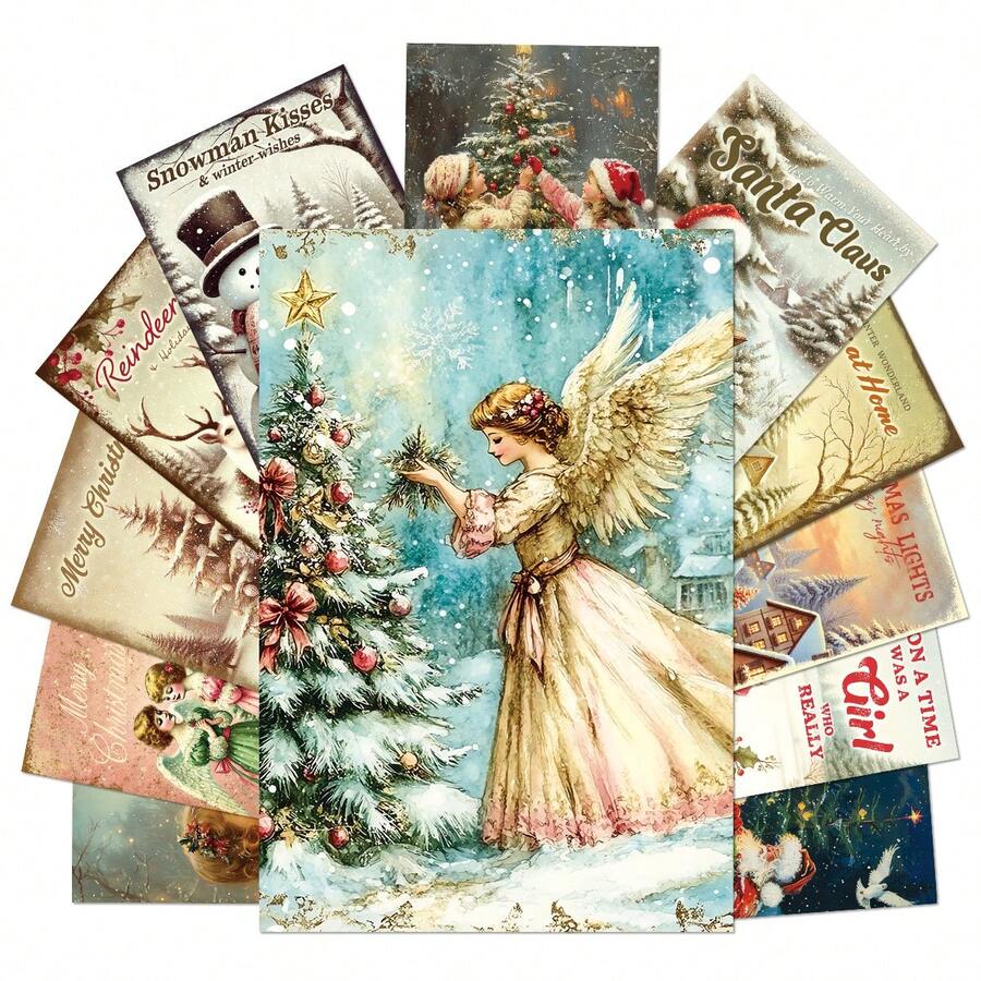 12 Stück Vintage Weihnachtspostkarten-Set - Engel, Rentier, Weihnachtsmann & Schneemann Design Feiertags Wanddekoration für Zuhause und Schlafzimmer, Weihnachts Kleinplakate, perfekt zum Sammeln und Verschenken, Wandaufkleber Raumdekoration Schlafzimmerdekoration Küchendekoration Heimdekoration