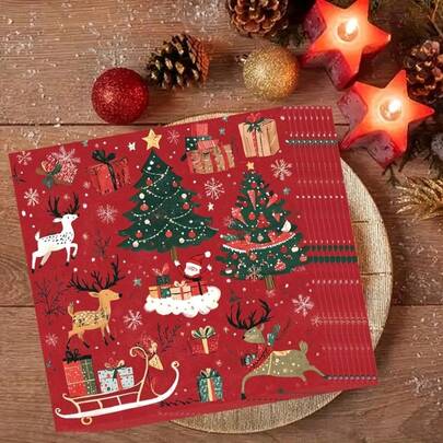 20张/40张/60张/套，圣诞派对餐巾纸 - 深红色和绿色节日餐具，饰有圣诞老人、驯鹿、雪人、铃铛和礼盒图案 - 适用于圣诞节、新年、婚礼、生日的冬季装饰 - 一次性餐巾纸