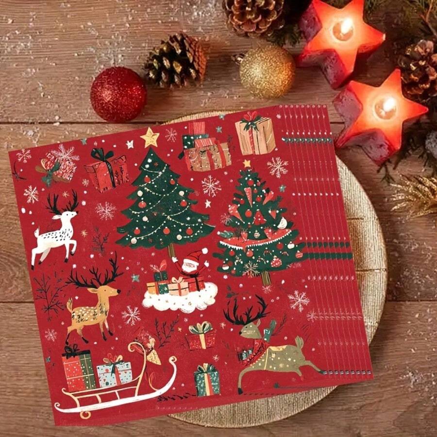 20张/40张/60张/套，圣诞派对餐巾纸 - 深红色和绿色节日餐具，饰有圣诞老人、驯鹿、雪人、铃铛和礼盒图案 - 适用于圣诞节、新年、婚礼、生日的冬季装饰 - 一次性餐巾纸 - 彩色 - 查看 1