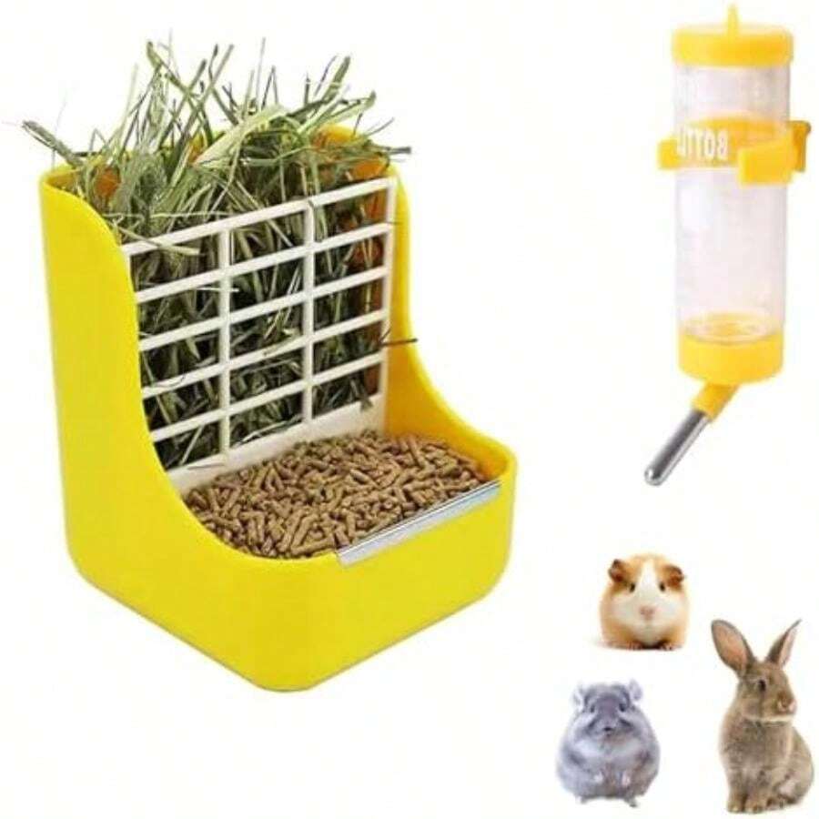 MMSZHL Comedero de Heno para Conejo, 2 en 1 Comedero de Heno para Animales Pequeños, Dispensador de Heno para Conejo, con Bebedero para Conejo, para Conejos, Cuyos, Chinchillas, Erizos (Amarillo)(amarillo) - Tipo 1 - Ver 1