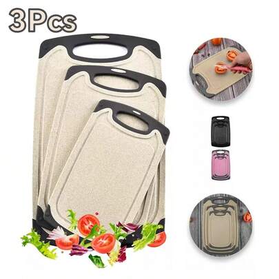 Tablas para Cortar, Tabla de Cortar para Cocina, Juego de 3 Tablas de Cortar con Asas Antideslizantes, Tablas para Picar de Plástico Paja de Trigo Libres de BPA, Tablas de Cocina