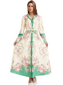 New Chinese Style Sweet Floral Print Stand Collar Lantern Sleeve High Waist Maxi Dress, Suitable For Women, Paired With Belt