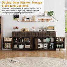 70"Large Curved Buffet Cabinet With 3 Storage Drawers,Kitchen Fluted Sideboard Cabinet W 4 Door Shelves,W Load-Bearing Steel Pipe,Wood Farmhouse Coffee Bar Cabinets,Kitchen Pantry - Brown - View 3