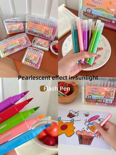 12/24/48 Colors Cute Capybara Glitter Colored Pens, Thick Tip Glitter Pens For Back To School Drawing, Coloring, Painting, With Shiny Gloss, Art Supplies, Vibrant Colors, Non-Bleed, Great Gift For Boys And Girls, Christmas Gift