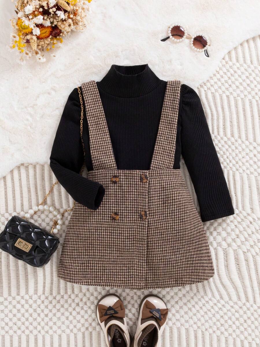 女童半高领上衣和千鸟格背带裙，秋冬 - 黑色 - 查看 1