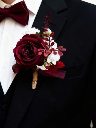 1 件/6 件人造勃艮第玫瑰花新郎胸花男士兄弟胸花毕业别针西装婚礼花派对装饰