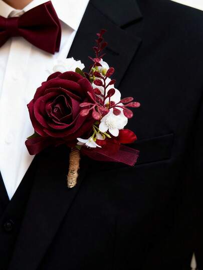 1支/6支装人造勃艮第玫瑰花新郎胸花男士兄弟腕花毕业别针西装婚礼鲜花派对装饰情人节配饰