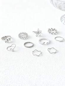 10pcs/Set Elegant Hollow Flower Design Gold-Tone Rings Set, Fashionable Decor For Daily Wear - Silver - View 2