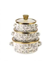 3pcs Enamel Crown Rim Milk Pot, Double Ear Pot, Enamel Bowl, Household Pot, Mini Pot, Enamel Soup Pot, Ramen Bowl, Small Hot Pot, Thick Enamel Pot, Mini Saucepan, Double Ear Electromagnetic Stove, Gas Stew Pot, Cooking Pot, Household Thick Double Ear Stew Pot, Lard Jar, Milk Pot With Lid, Dual-Use Electromagnetic Stove