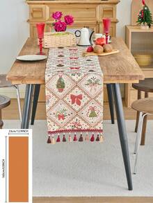 1pc Christmas Atmosphere Table Runner, Red Christmas Stocking With Golden Bell Jacquard Dining Flag, Tea Flag, Rectangular With Tassel, Suitable For Christmas Party Dining Table Decoration, Home Decor