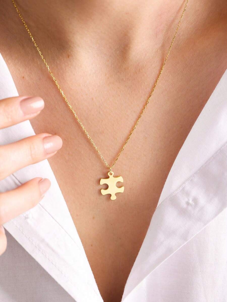 女士拼图项链，金色拼图吊坠项链，情侣珠宝礼物，情人节礼物，不锈钢珠宝礼物 - 金色 - 查看 1