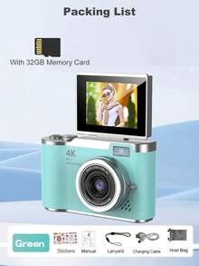 1台4800万像素2.4英寸旋转屏数码相机，配备可充电CCD传感器，附赠32GB存储卡和多种滤镜模式。便携式防抖智能变焦相机，适合户外使用。