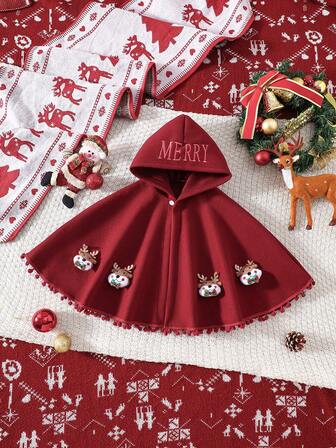 1pc Unisex Christmas Hooded Cape Jacket, Burgundy With Embroidered "MERRY" And Reindeer Decor, Essential Christmas Outfit