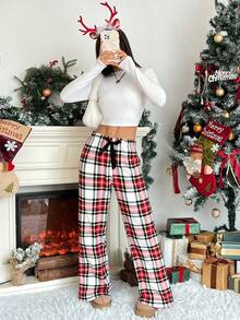 女士直筒抓绒休闲保暖裤，带3D蝴蝶结，舒适冬季家居服 - 彩色 - 查看 8