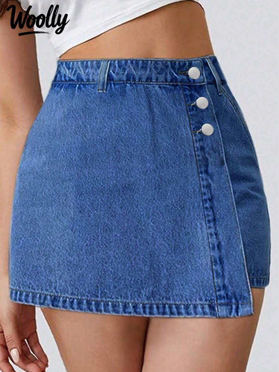 Asymmetrical Hem Button Decorated Denim Mini Skort - Dark Wash - View 1