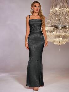 PARTHEA Women's Backless Criss-Cross Jacquard Satin Slip Maxi Dress - Black - View 3