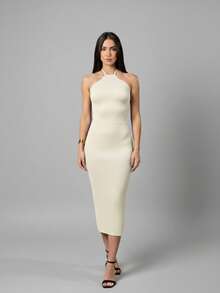 Halter Neck Midi Dress Knit Summer Simple Backless Asymmetrical Formal & Evening Wedding - Sand - View 2