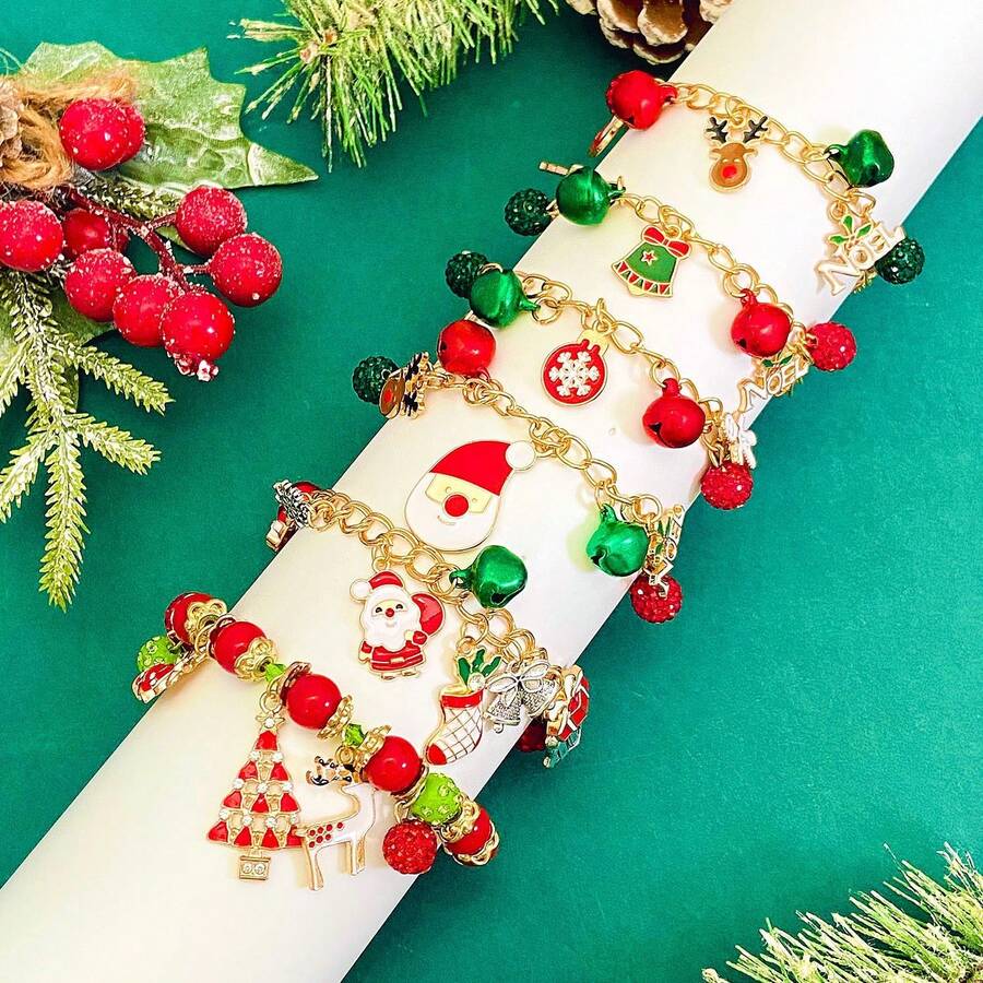 圣诞链手链、合金滴油圣诞树、驯鹿铃铛、水钻雪花吊饰手链 - 彩色 - 查看 1