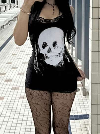 Onicee Women's Fashionable Sexy Skull Print Spaghetti Strap Dress, Spring