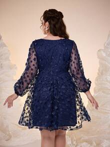 Mgiacy-流行、新品、V领、优雅、大码鸡尾酒会礼服、腰带、灯笼袖、撞色蕾丝、迷你裙、适合、度假、休闲、派对礼服、婚礼宾客礼服、晚礼服 - 藍色 - 查看 2