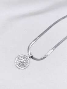 1 件 18K 镀金不锈钢维京指南针吊坠项链，金属硬币徽章时尚男女通用嘻哈刀片链配饰 - 彩色 - 查看 5