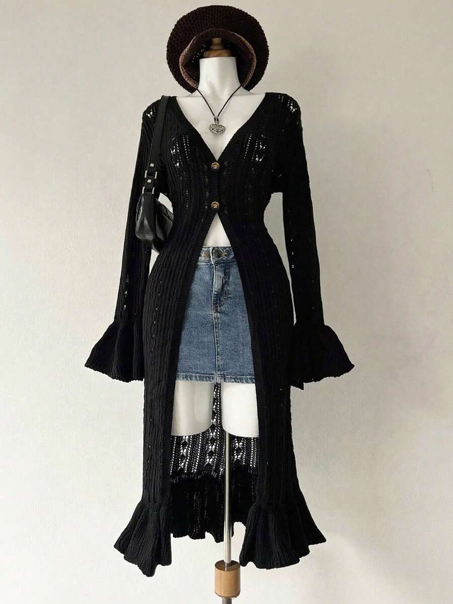 JOYY schwarze Pocketflügelärmel Passform Strickjacke, Retro-Ästhetik, Rückkehr zur Schule Strickjacke, Vintage Damen Pullover, 90er Jahre Mode, Schule Strickjacke, Herbst/Winter Strickjacke, College-Stil Strickjacke, Erster Schultag, Oberbekleidung, Herbstpullover, Halloween Pullover - Schwarz - Übersicht 1