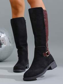 Botas femininas de inverno novas, de cor sólida, bico redondo, com fivela de metal em relevo de crocodilo, zíper lateral, salto grosso, cano alto, moda versátil, casual, salto médio - Preto - Ver 4
