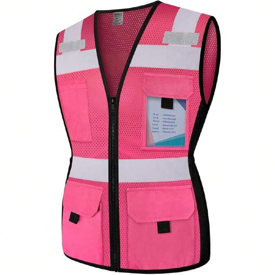 Women Construction Work Vest 11 Pockets Snug-Fit High Visibility Reflective Vest With Zipper, Neon Vest For Lady Contractors/Surveyors/Workers, Durable And Fashion, Meets ANSI, Pink XL,24200734 - 粉色 - 查看 1