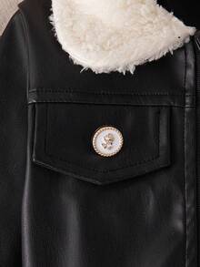 女童时尚拼布领仿皮夹克和百褶裙户外度假装，秋冬 - 黑色 - 查看 7