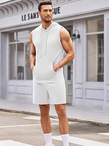 Conjunto De Chor Camiseta Para Hombre Casual Chaleco y pantalones cortos deportivos,  Conjunto Chalecos para hombre Deportivo Casual Sin Mangas - Blanco - Ver 5