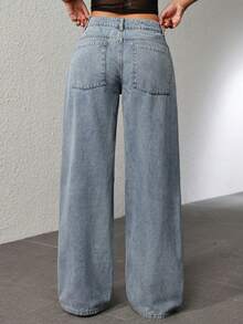 Elegantes jeans de mezclilla de pierna recta larga para mujer con botones y cremalleras de tela muy elástica. - Azul - Ver 5