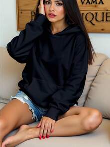 Sudadera para mujer estilo casual, diseño básico, tela suave, color sólido, ajuste holgado, capucha, manga larga, otoño invierno, uso diario, sudadera - Negro - Ver 2