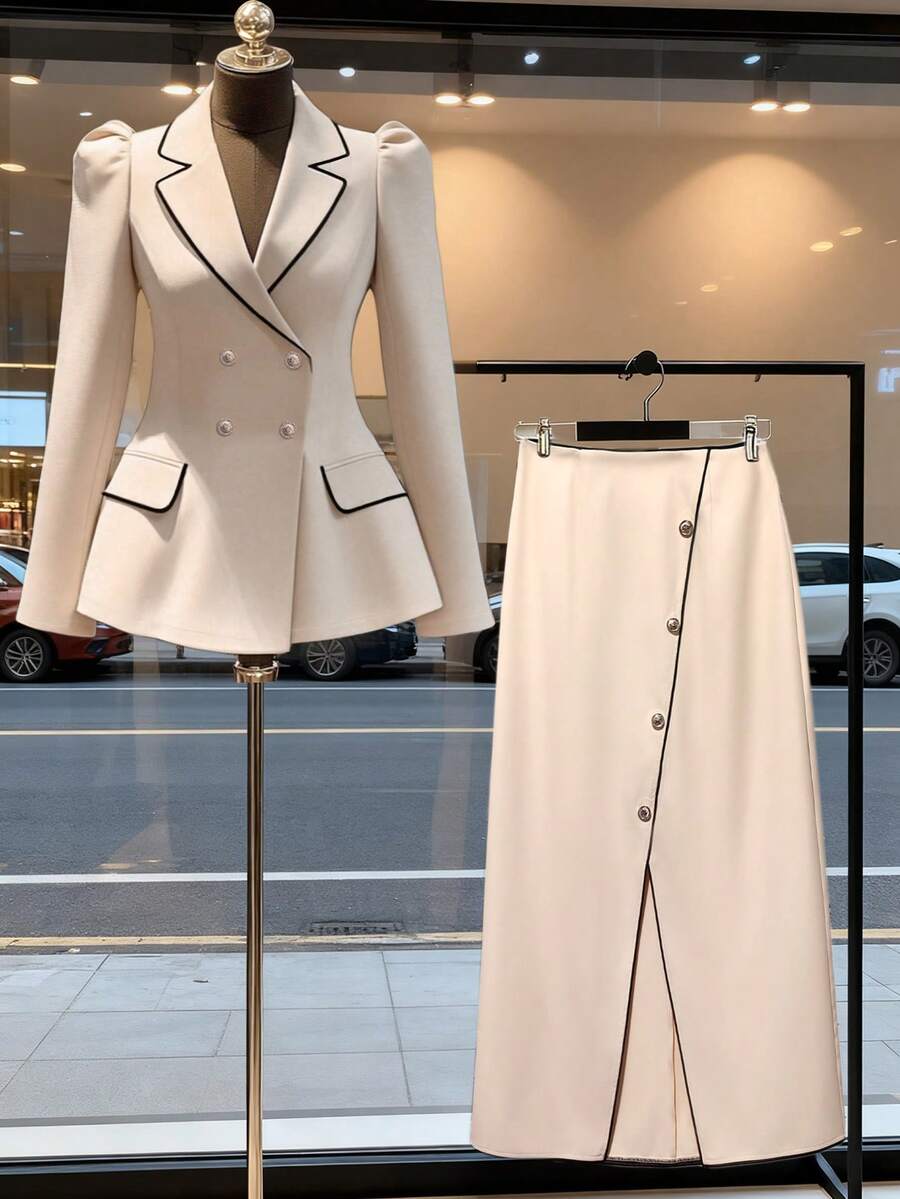 2 pièces Ensemble jupe grande taille style A-line, automne et hiver, vêtements pour femmes, retour à l'école, tenues de concert pour femmes, robe pour invitée de mariage, robe tout blanche, robe pour invitée de mariage - Nude - Voir 1