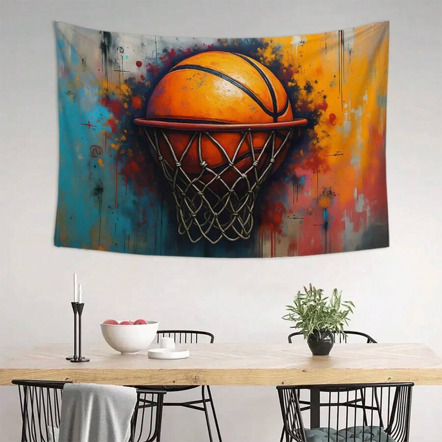1pc Wall Tapestry Basketball Art, Ideal For Adding A Sporty Vibe To Game Rooms, Bedrooms Or Sports - Themed Spaces, Suits Basketball Fans, Home Decoration Materials, Wall Decor For Bars, Restaurants, Room - 彩色 - 查看 1