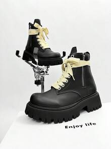 SLnU3 SLnU 3 Men's Fashion Casual Thick Sole Height-Increasing Boots Creative Personalized Design Lace-Up Double Zipper Punk Hip-Hop British Street Outdoor Versatile All-Season Style - Black - View 8