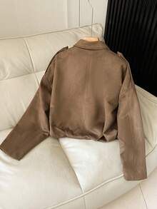 FGGG Brown Short Suede Jacket For Women Autumn Winter Stitched Collar With Long Sleeves Relaxed Fit Versatile Layering Women's Top For Casual Outings Gatherings And Commuting