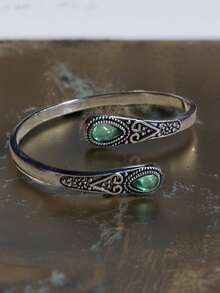 1pc Luxury Green Agate Inlaid Bracelet, Adjustable Vintage Style Bangle, Suitable For Parties, Events And Daily Wear