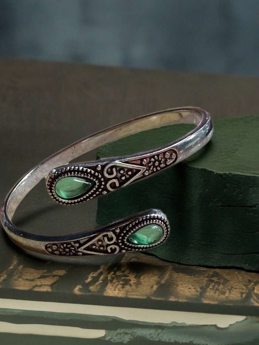 1pc Luxury Green Agate Inlaid Bracelet, Adjustable Vintage Style Bangle, Suitable For Parties, Events And Daily Wear