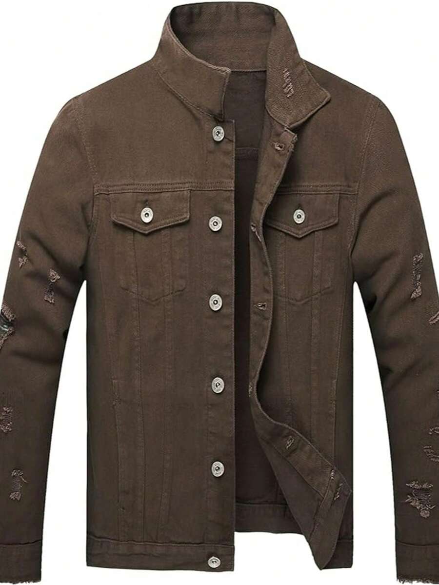 Classic Men's Denim Jacket Retro Men's Ripped Casual Denim Jacket Turn-Down Collar Single-Breasted Men's Denim Coat - Cà phê nâu - Xem 1