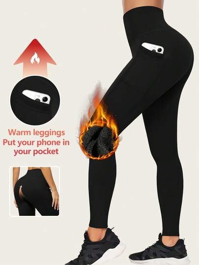 1 pièce Legging de yoga noir doublé thermique avec poches latérales, Automne/Hiver