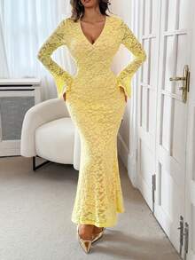 Women's V-Neck Long Sleeve Fitted Sexy Lace Jacquard Dress, Suitable For Dates, Back To School Seasons, Formal Dinners And Other Occasions - Yellow - View 4