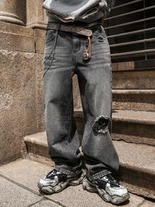 Calça Jeans Masculinos Vintage Lavados, Perna Reta Solta e DesgastadaDenimns Versátil e Estilo Streetwear Y2K, Adequado como Presente para Namorado ou Marido