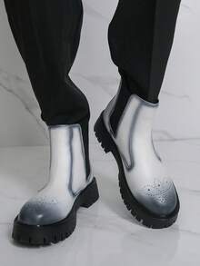 男士高帮皮革牛仔靴，时尚休闲厚底踝靴，百搭街头风格 - 白色 - 查看 3