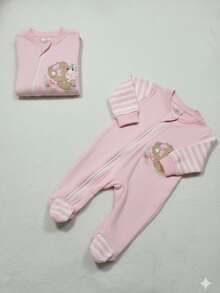 DTF Baby Girl Romper With Frilly Bear Print 100% Cotton Romper With Zipper Ensuring Your Baby's Comfort - Màu Hồng baby - Xem 2